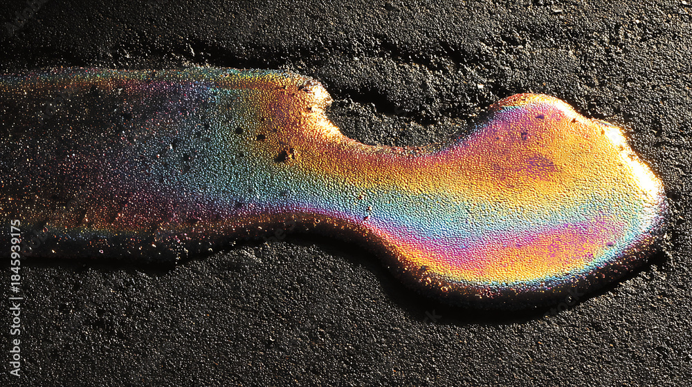 Fototapeta premium Abstract environmental pollution texture showing an oil spill on black asphalt, creating a rainbow iridescent slick pattern that highlights industrial contamination and ecology issues.