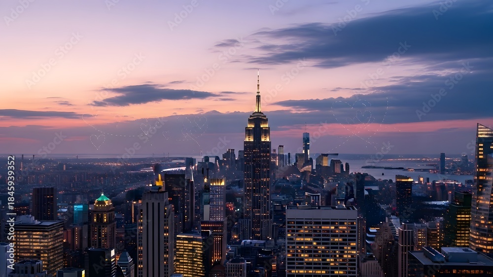 Obraz premium Dusk City Skyline Over Modern Skyscrapers at Sunset.