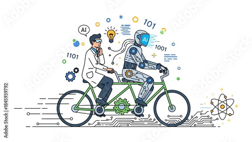 Scientist and Robot Riding Tandem Bicycle Symbolizing AI Collaboration.