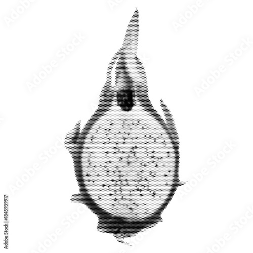 Sliced dragon fruit vintage y2k halftone art, exotic tropical slice stipple brutalist retro vector png with transparent background, bold 2000s aesthetic photocopy effect tattoo