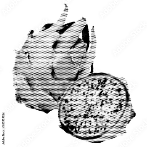 Dragon fruit vintage y2k halftone art, exotic tropical produce stipple brutalist retro vector png with transparent background, bold 2000s aesthetic photocopy effect tattoo