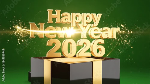 Golden 'Happy New Year 2026' text sparkles above a gift box on a vibrant green background
