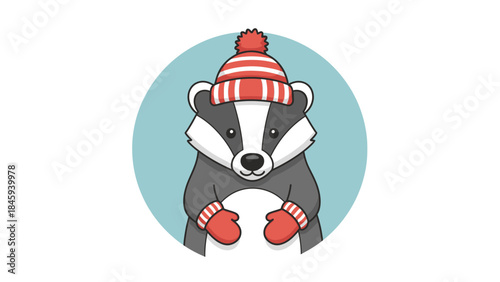 Cute Badger Wearing Winter Hat and Mittens Illustration.