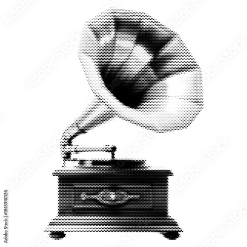 Gramophone vintage y2k halftone art, retro music device stipple brutalist retro vector png with transparent background, classic 2000s aesthetic photocopy effect tattoo