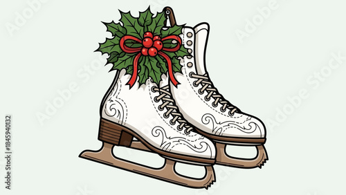 Pair of Ice Skates Decorated with Festive Holly and Red Bow.