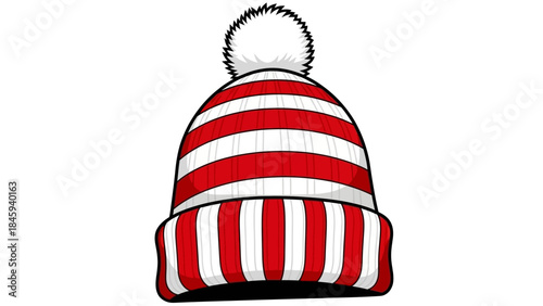 Red and White Striped Winter Hat with Pom Pom.