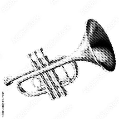 Trumpet vintage y2k halftone art, brass music instrument stipple brutalist retro vector png with transparent background, classic 2000s aesthetic photocopy effect tattoo