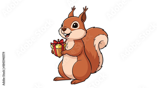 Cute cartoon squirrel holding a gift box with a red ribbon.