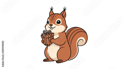Cute cartoon squirrel holding a gift box with a ribbon.