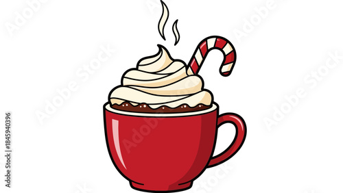 A festive red mug filled with hot chocolate topped with whipped cream and a candy cane.