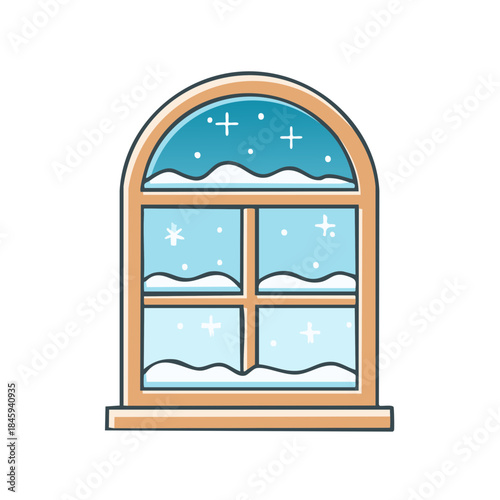 Arched Window Frame with Snowflakes and Snowdrift Views in Winter Season, Decorative Vector Illustration