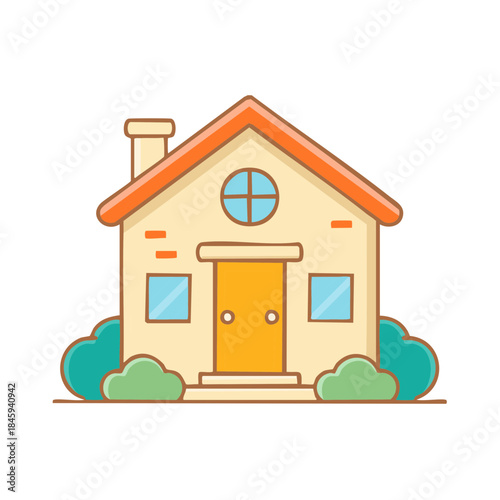 Simple House Illustration Cute Home with Chimney Shrubs Yard Flat Design