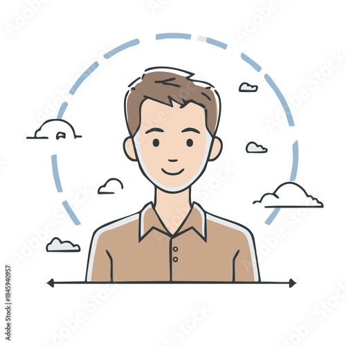 Young man avatar with pleasant demeanor surrounded by cloud line art in simple linear illustration style design element