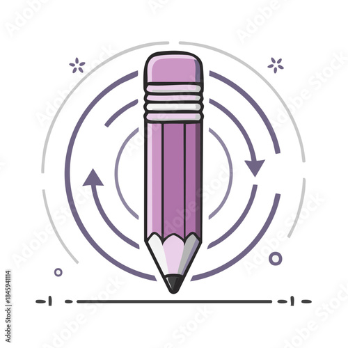 Purple pencil graphic icon with circular arrows showing transformation or creation of ideas
