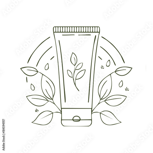Botanical Skin Care Product Tube with Leaves and Water Droplets Illustration