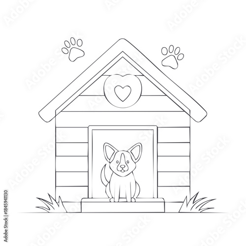 Adorable Puppy Sitting in its Doghouse Outline Illustration with Paw Prints for Coloring Book Activity