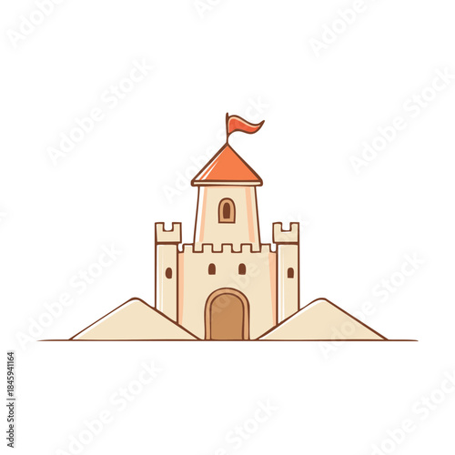 Simple sandcastle cartoon with a red flag on a tower, and surrounded by sand piles. Summer vacation concept art for kids.