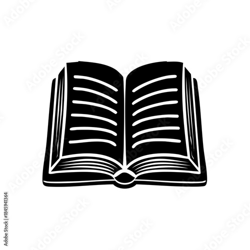 Open book illustration in black and white for literature, education, reading, or storytelling