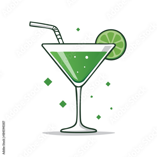 Refreshing green cocktail drink illustration with lime slice and straw in triangular glass, beverage, drink, party, refreshment, isolated