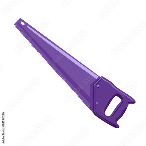 Purple hand saw, tool for cutting wood with sharp teeth, carpentry equipment with plastic handle
