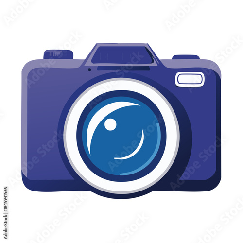 Vector illustration of a vintage style camera with a lens, flash mount, and shutter speed dial in a blue color scheme