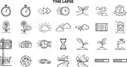 Time Lapse Hand-Drawn Vector Icons Set Illustrating Growth, Speed, Nature, Video Production, and Progression Concepts