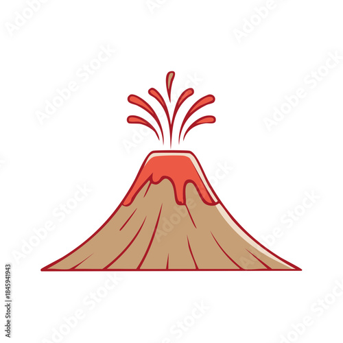 Volcano eruption illustration, volcanic landscape, active geological formation with lava flows and spewing fire