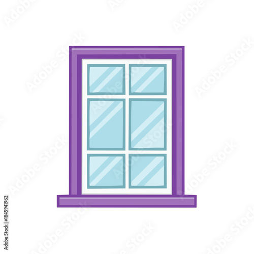 Cartoon Style Purple Framed Window with Glass Panes Interior Design Element