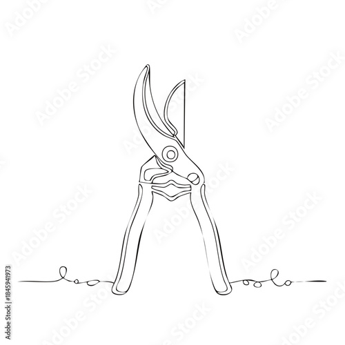 Elegant single continuous line drawing of garden shears tool for gardening or pruning in a minimalist style for nature art.