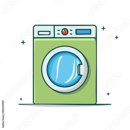 Washing machine cartoon vector illustration. Laundry appliance with timer and glass door for washing clothes at home.
