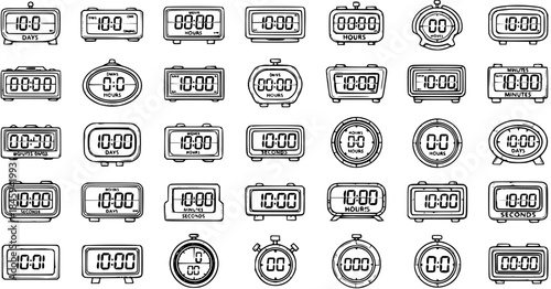 Hand-drawn sketch outline icon set of various digital clocks, timers, and stopwatches showing different time units like days, hours, minutes, and seconds.