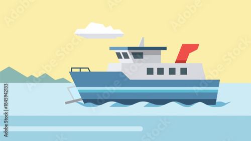 A blue and white boat sails on calm waters near mountains under a cloudy yellow sky with a red exhaust.