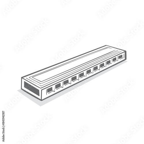 Detailed monochromatic sketch of a harmonica musical instrument, emphasizing its design and shape.