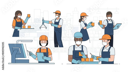Workers in factory setting perform various tasks while wearing protective gear and uniforms.