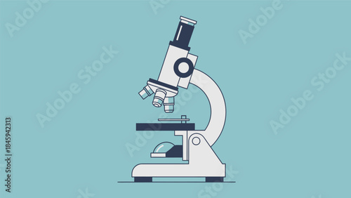 A detailed illustration of a white microscope on a teal background for science and research purposes with a graphic style.