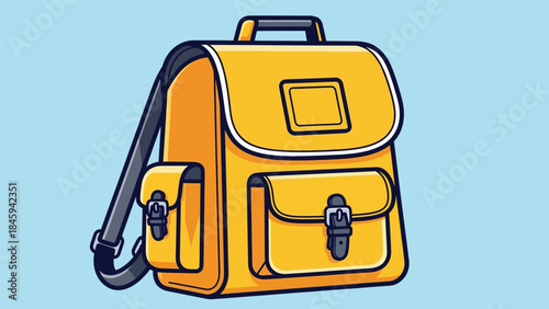 An illustration of a yellow backpack with black accents against a light blue background.