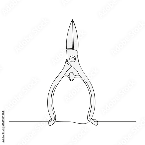 Single line drawing of metal shears tool for craft or gardening open position art