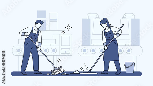 Man and woman are cleaning factory floor with brooms and a bucket nearby.