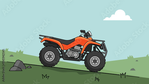 An orange ATV is driving on a green grassy hill with rocks and a cloud in the sky.