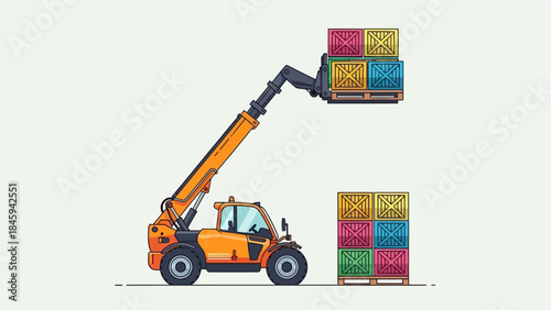 An industrial forklift places colorful shipping containers on a stack.