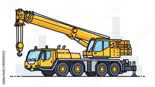 A large yellow mobile crane with an extended boom is illustrated in a graphic against a cityscape background, viewed from the side.