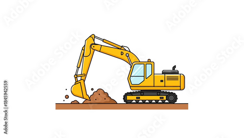 An excavator digs into a pile of dirt on a construction site with its large bucket.