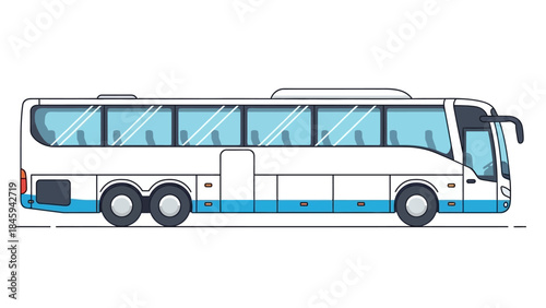 An illustration of a large white and blue bus driving on a road with passengers inside.
