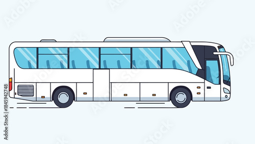 An illustration of a white bus driving on a road in a city environment with people inside.