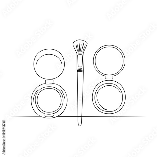 Outline Illustration of Cosmetic Powder Compacts with Brush for Beauty and Makeup Application