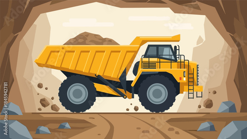 A large yellow dump truck drives through a mine tunnel with rocks and dirt around.