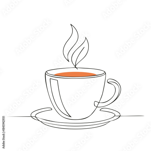 Single line art of steaming teacup on saucer Simple continuous drawing of a cup of coffee or tea