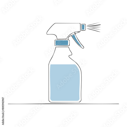 Line art drawing of a spray bottle with blue liquid for cleaning or disinfecting Minimalist hygiene illustration