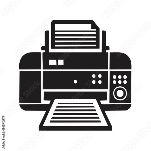 Printer dispenses printed sheets of paper in a clear and concise black and white vector illustration.