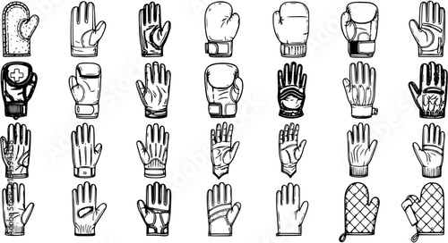 Diverse Collection of Hand-Drawn Gloves: Boxing, Oven Mitts, and More